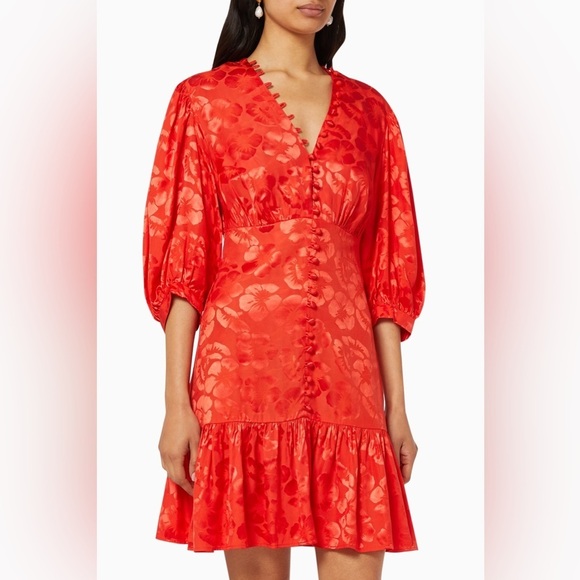 Sandro Azelie Red Mini Dress‎ Floral V Neck Half Sleeve Silk Blend Sz 40 L - Picture 1 of 6